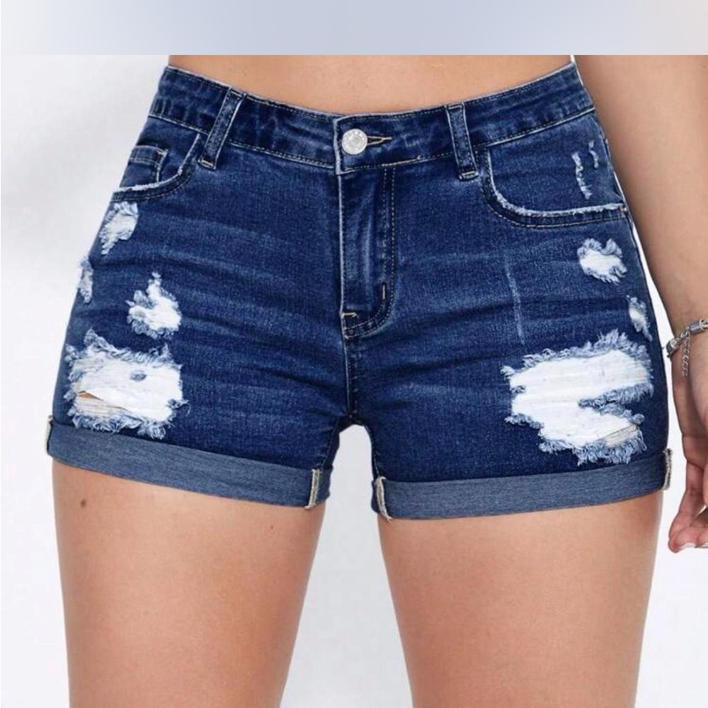 Blue Distressed Jean Shorts with Cuffed Hem